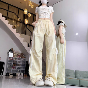 قماش تنفس منتصف الخصر شقة الجبهة السراويل الرياضية عارضة النساء الصيف فضفاضة مستقيم الساق مظلي عادي مصبوغ طويلة - Product Image 4