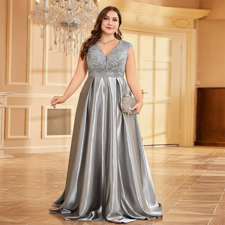 IMPEREAL Plus Code Luxury Gray Satin V-Neck Formal Dresses
