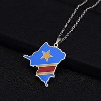 Pendentif Carte de la République Démocratique du Congo avec Drapeau Coloré Or/Argent, Colliers RDC Kinshasa, Bijoux Ethniques