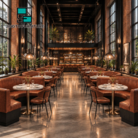 Ensembles de restaurant : banquette incurvée avec table à manger ronde, chaises en cuir cognac, personnalisables, OEM, fabricant et fournisseur en gros