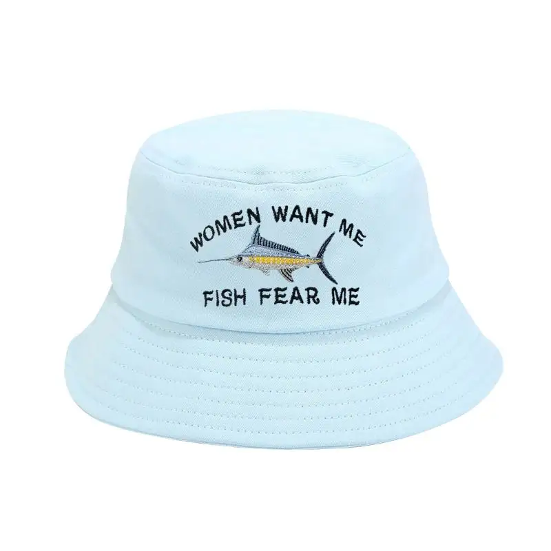 Chapéu balde azul céu bordado para mulheres Me Querem Peixe Têm medo de mim