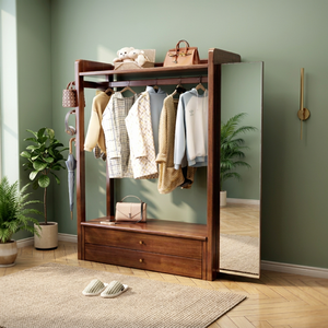 Porte-manteau moderne en bois massif avec crochets et étagères, meuble de rangement multifonctionnel autoportant pour chambre et salon - Product Image 4