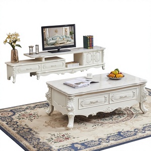 Ensemble de meubles de style européen : table basse et <span class=keywords><strong>meuble</strong></span> <span class=keywords><strong>TV</strong></span>, design moderne minimaliste nordique, extensible avec <span class=keywords><strong>roulettes</strong></span> et espace de rangement - Product Image 1