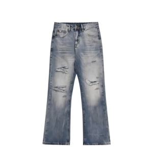 Jean droit déchiré pour homme avec logo personnalisé, délavage vintage bleu clair, coupe décontractée - Product Image 1