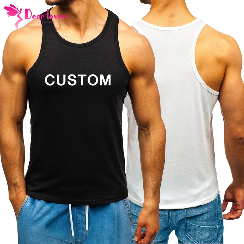 Dear-Lover Custom Logo Solid Black White Sleeveless Sports Workout Fitness Muscle Ribbed Gym Tank Top Men