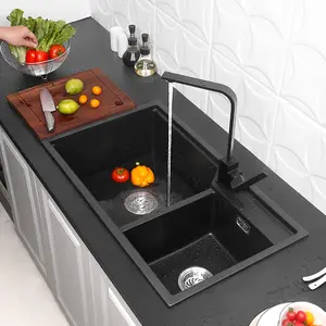 Paslanmaz çelik lavabo ikili evye siyah eşit kase kuvars granit mutfak lavabo