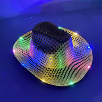 Cappello da Cowboy Occidentale in EVA con Paillettes di Alta Qualità, LED RGB Impermeabile, a Batteria, per Spettacoli, Feste, Festa del Papà