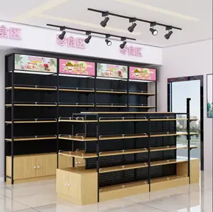 Persediaan Supermarket buatan Tiongkok, rak tampilan penyimpanan toko serbaguna kayu logam pekerjaan berat