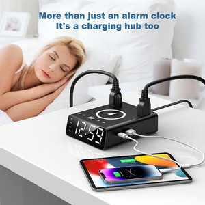 Comodino comodino Power Strip 2 prese sveglia veloce caricatore Wireless stazione <span class=keywords><strong>di</strong></span> ricarica Wireless <span class=keywords><strong>con</strong></span> doppio <span class=keywords><strong>orologio</strong></span> USB C USB A - Product Image 3