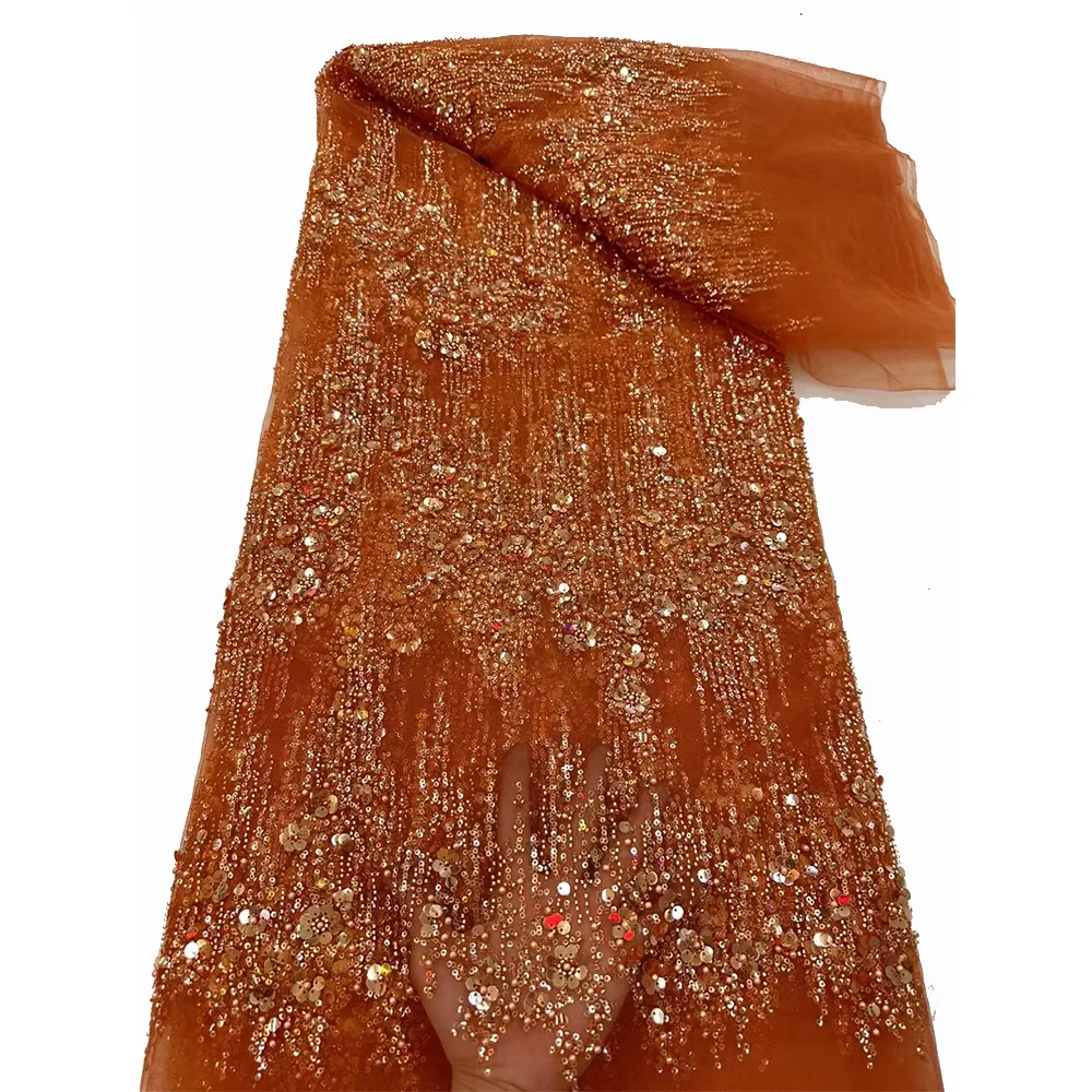 I. ai कढ़ाई अनुक्रम फूल मेश फीता महिला पार्टी की पोशाक फीता, बेडेड नारंगी रंग के कपड़े के साथ