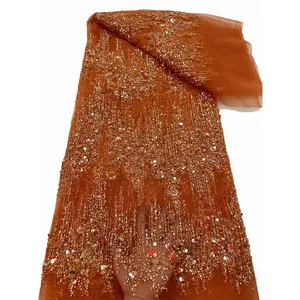 NI.AI Broderie Paillettes Fleurs Maille Dentelle Femmes Robe de Soirée Dentelle avec Perlé Orange Couleur Dentelle Tissu