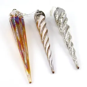 Custom Hand Blowing Colorful Silver Frost Screw Thread Icicle Ornament For Christmas Party Tree Decoration