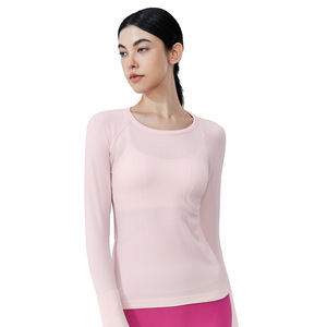 Camiseta Deportiva de Yoga para Mujer, Sin Costuras, Tejida, a Rayas, de Spandex/Nylon, Manga Larga, Cuello Redondo, Ajustada, para Correr y Hacer Ejercicio - Product Image 2