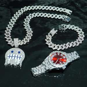 ヒップホップ時計ネックレスブレスレットセット高級3個セットメンズクォーツ腕時計ファッションチャームジュエリー - Product Image 3