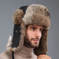 Gorro de Piel de Conejo Auténtica para Hombre, con Orejeras de Cuero Genuino, Cálido, Resistente al Viento, Estilo Ushanka, para Clima Frío, Venta al Por Mayor