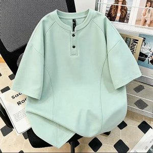 T-shirt surdimensionné pour homme, manches 7/8, col rond, coton, fibre de bambou, tricoté, décontracté, streetwear - Product Image 1