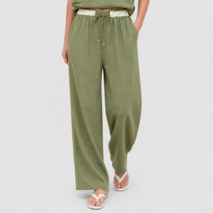 Pantalones de <span class=keywords><strong>Lino</strong></span> Personalizados al por Mayor con Etiqueta Privada OEM, Pantalones Anchos de <span class=keywords><strong>Lino</strong></span> y Algodón con Cordón para Mujer, Ropa de Verano para Vacaciones - Product Image 3