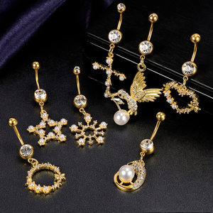 3 दिनों की डिलीवरी थोक पर्ल बेली रिंग्स सर्जिकल स्टील डैंगल गोल्ड प्लेटेड हार्ट बर्ड बेली नेवल पियर्सिंग - Product Image 4