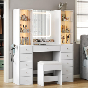 Coiffeuse compacte moderne avec miroir LED, lumières réglables, 10 tiroirs de rangement pour l'organisation de petites chambres, en bois - Product Image 1