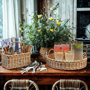 <b>Rattan</b> <b>Storage</b> <b>Basket</b> Rectangle Multifunctional Kitchen Tableware Organizer Neatening <b>Storage</b> - Product Image 3