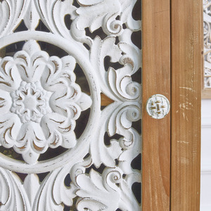 Buffet de style farmhouse pour cuisine et salle à manger, avec portes sculptées blanches en bois massif, armoire de rangement haute avec tiroirs, idéal pour hôtel - Product Image 6
