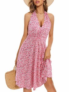 Robe mini polyvalente à imprimé bohème, coupe trapèze, ajustée, taille haute, col en V, sans manches, respirante et lavable - Product Image 4