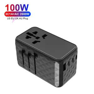 Adaptor perjalanan PD 100W Plug US UK AU EU grosir Adaptor USB Tipe C QC PPS Adaptor daya Cepat transparan Internasional