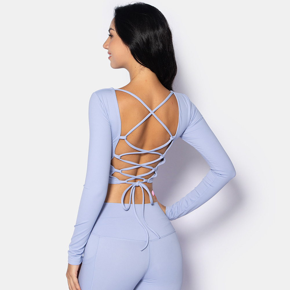 2023 Women's Long Sleeve Padded Breathable Moisture Wicking Sports Yoga Crop Top Cross Sexy Strappy Backless Gym Running Workout