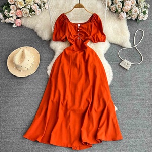 Pháp Haute <span class=keywords><strong>Couture</strong></span> bong bóng Ngắn Tay Áo Cổ Vuông eo A-line Váy Mùa Hè - Product Image 2