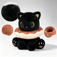Peluche chat noir kawaii avec collier en forme de beignet, 8 pouces, animal en peluche doux, cadeau d'anniversaire mignon pour les enfants et les filles