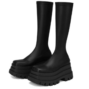 Bottes hautes pour femmes à double couche, bout carré, semelle épaisse, talons compensés sur plateforme haute, bottines longues - Product Image 1