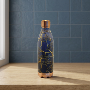 Premium Printed Pure Copper Water Bottle 800ml Navy Blue Gold Leaf Pattern Ayurvedic Flask Leakproof Gym Sports Metal Drinkware - Product Image 1