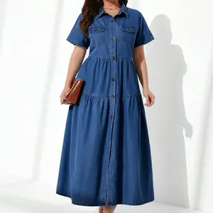 Vestido jeans maxi de manga curta para mulheres, moda casual formal personalizada com peito único