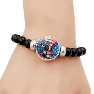 2023 Moda American Flag Baseball Sports Bangle Black Beaded Bracelet Mão Acessórios Stretch Bracelet para Adolescentes
