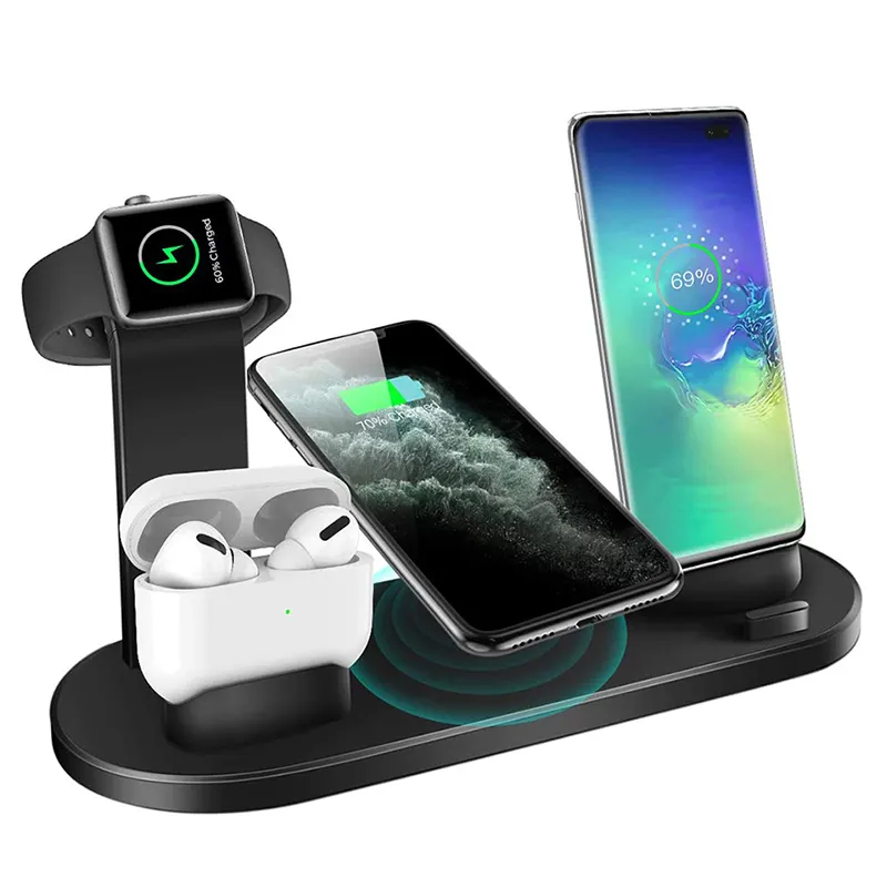 Black Smart Portable Qi Phone Stand 15W Mobile Watch Earphone 4 in 1 Quick Charging Station Dock Wireless Charger