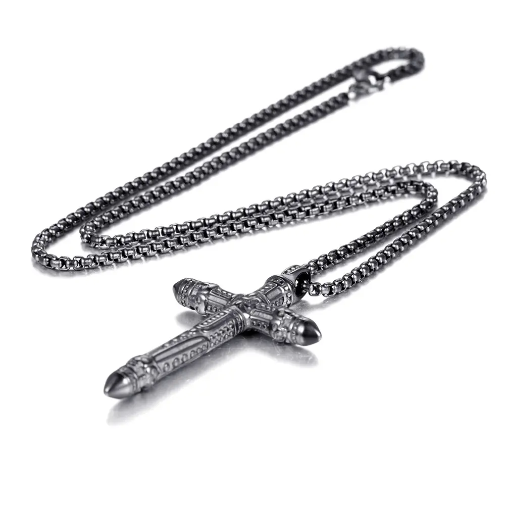 Fashion Gothic Punk Stainless Steel Black Silver Jesus Cross Pendant Necklace
