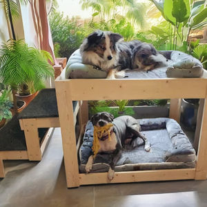 Erhöhtes Holz-Hundebett mit 2 Stabilen Stufen Großes Etagenbett für 2 Hunde Leinen- und Schaumstoffmaterial Nachhaltig - Product Image 5