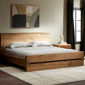 Lit en bois récupéré au design minimaliste, avec joints apparents et grain de bois riche, taille King Size - Product Image 1