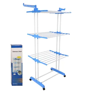 Multifunctional Adjustable Metal Folding 3 Tiers Drying Clothes Rack With Hat Hooks