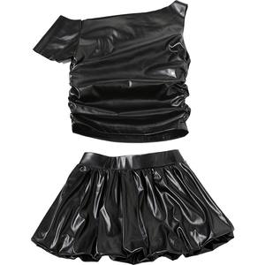 2025 mode été femmes Streetwear mignon Y2k noir PU <span class=keywords><strong>cuir</strong></span> bouffée <span class=keywords><strong>jupe</strong></span> courte 2 pièces ensembles - Product Image 6