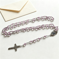 Collier de prière en perles de verre ovales 59 perles avec pendentif croix, perles de verre 6x9MM, bijoux catholiques, vente en gros