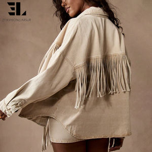 เสื้อแจ็คเก็ตยีนส์ LARSUR รุ่นสั่งทำพิเศษ แต่งพู่ห้อย ลุคทำเก่า สไตล์นักแข่งมอเตอร์ไซค์ เสื้อคลุมยีนส์สำหรับผู้หญิง - Product Image 3