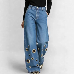 Nouveaux pantalons amples taille haute pour femmes européennes et américaines, jeans à design ajouré pour femmes, vente en gros - Product Image 3