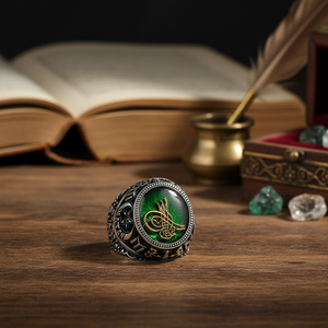 925K Sterling <b>Silver</b> Ottoman Tugra <b>Ring</b> Men Green Enamel Vintage Flower Design Rhodium Diamond <b>Emerald</b> Sapphire Zircon Wedding - Product Image 3