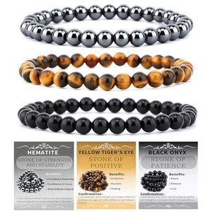 Nouveauté : Ensemble de 3 bracelets unisexes pour couple en pierres naturelles géométriques de 4 mm, 6 mm et 8 mm avec carte, œil de tigre brut - Product Image 5