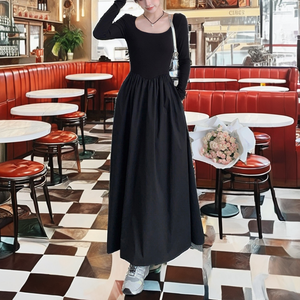 Elastic Waist Scoop Neck Long Sleeve A-Line Maxi Dress Solid Black Casual Daily Wear Woven Polyester Loose Fit Full Length - Product Image 2