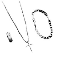 Montre d'affaires pour homme avec boîtier en alliage, bracelet à aiguilles, calendrier à trois trous, chiffres romains, mouvement à quartz, collier, bracelet et bague assortis