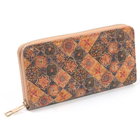 Dompet Koin Ultra Tipis Ramah Lingkungan dari PU Cork dengan Motif Kayu Retro, Kantong Cork Portabel, Dompet Panjang Wanita dengan Ritsleting, Fashion Polyester