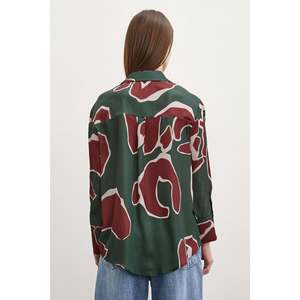 Camisa de Satén con Estampado de Mango para Mujer, Blusa Casual con Botones, Uso Diario, Patrón Verde y Rojo, Manga Larga - Product Image 4