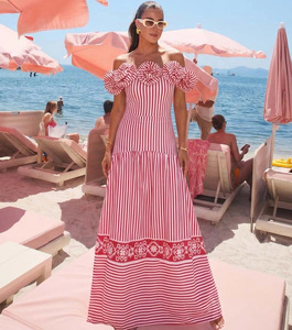 Wholesale Women Off Shoulder 3D Flower Bathing Suit 2 in 1 Set Red White Striped One Piece Swimsuit With Long Skirt OEM ODM - Product Image 3
